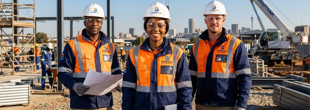 A confident, diverse South African construction team wearing matching, high-quality StormTank. Illustration purposes only. branded PPE and hard hats on a secure Gauteng job site.