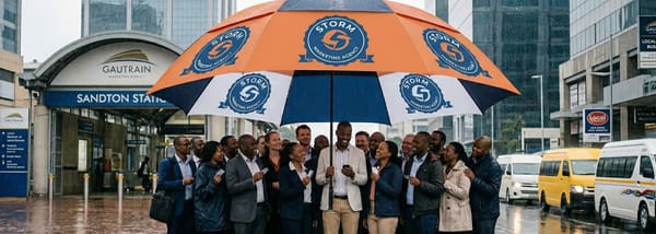 Giant StormTank branded golf umbrella shelters commuters at rainy Sandton Station, demonstrating effective physical marketing and brand exposure in high-traffic areas.